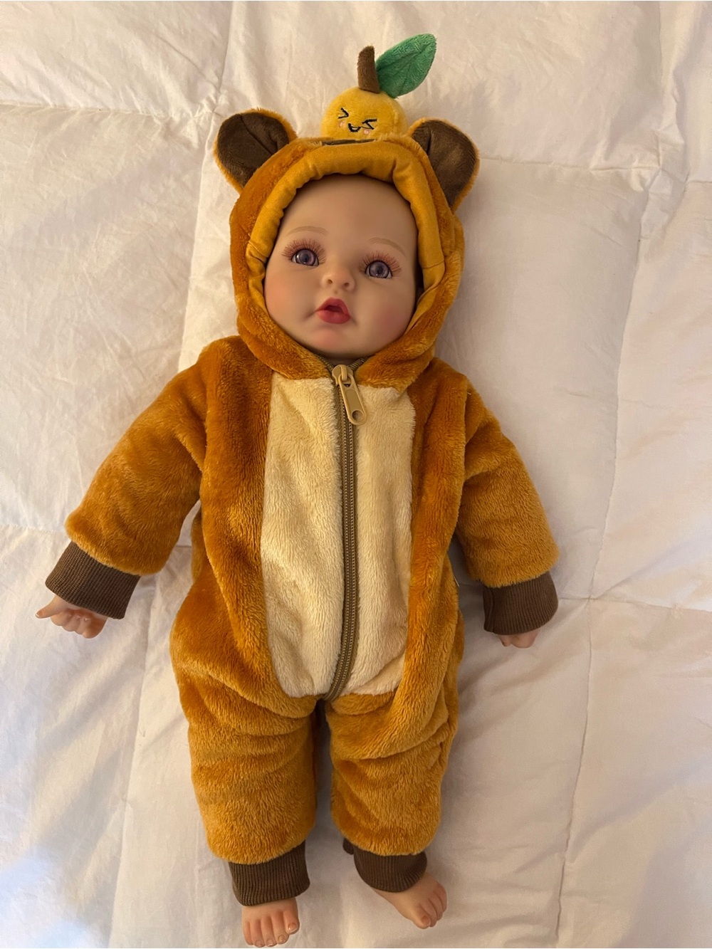Plush Brown Bear Hooded Baby One-Piece with Cream Front -lifelike babydoll 15 in